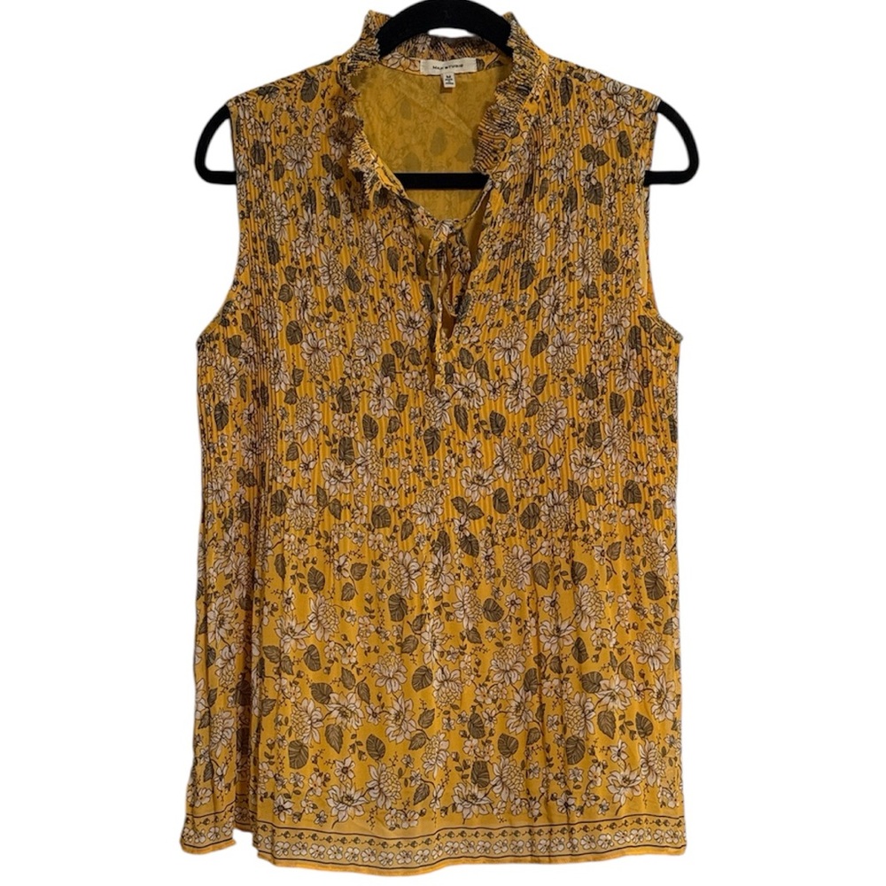 ☀️ Max Studio Yellow Floral Pleated Detail Sleeveless Blouse